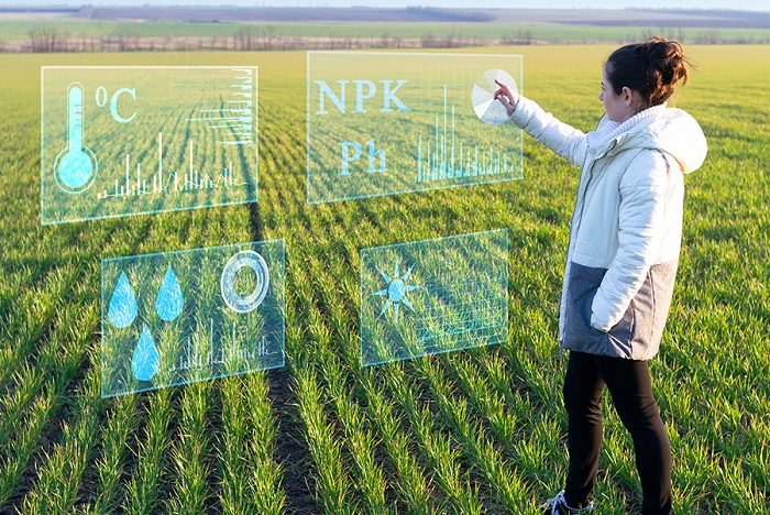 Farmer woman analyzes plants on the field using artificial intelligence. The received data is displayed on a virtual screen available for further research.